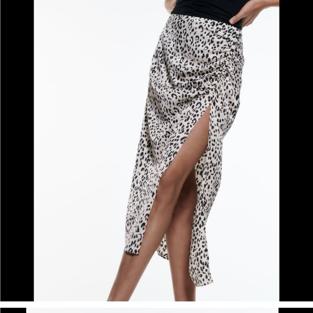Zara Midi Skirt - Black & White Animal Print with Leg Slit